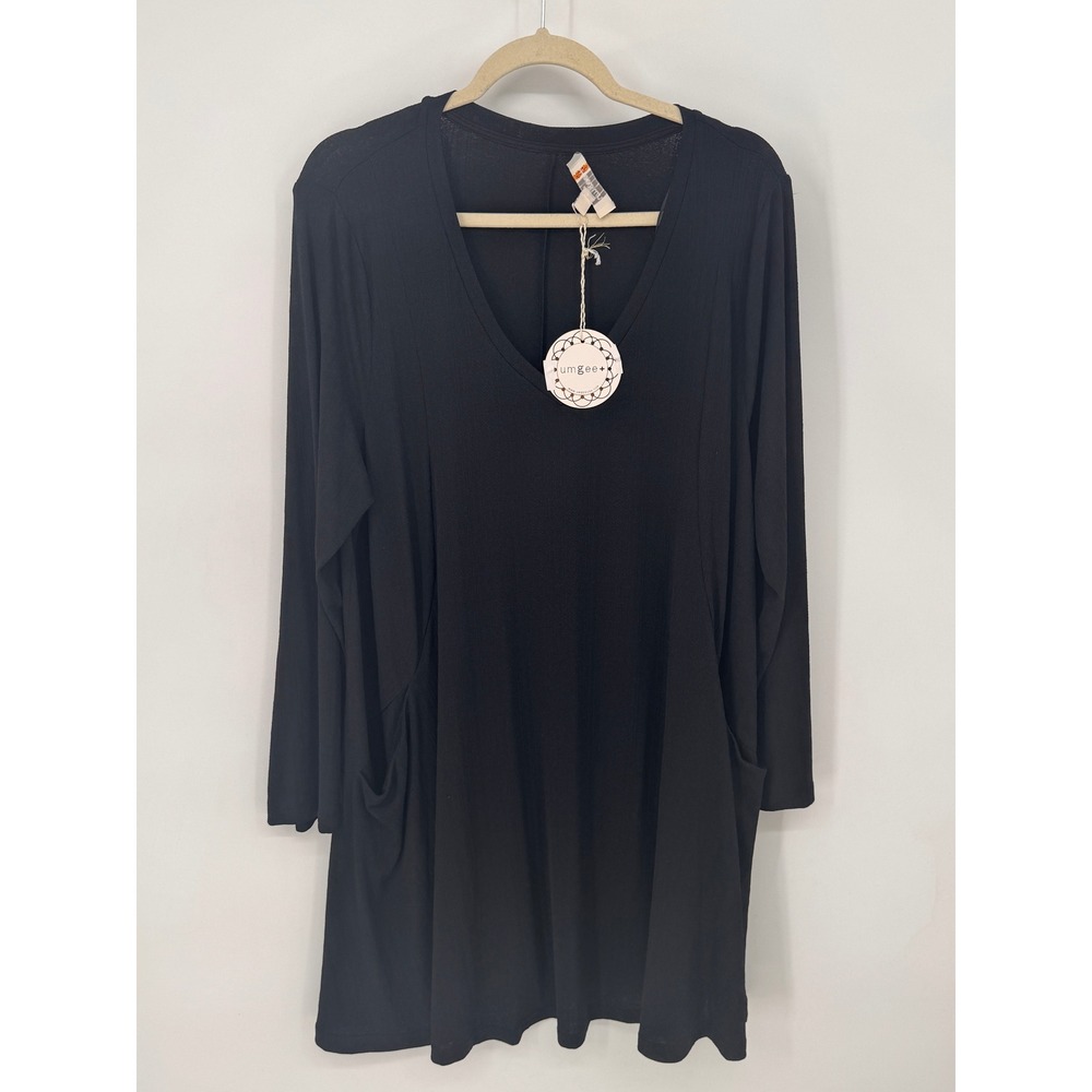 Umgee Tunic Top Women 1XL Black NWT V-Neck Long Sleeve Pockets Ribbed WA6203
